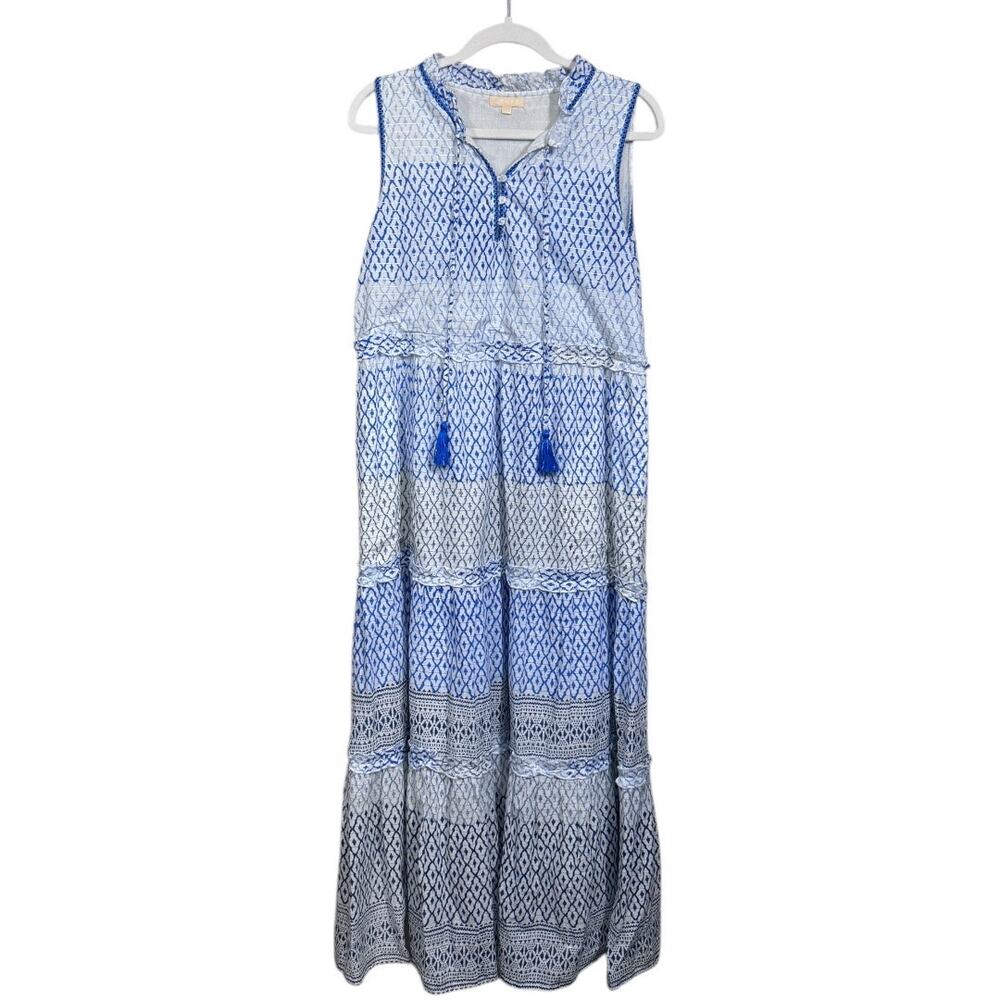 AZURE Blue and White Tiered Maxi Dress - Size Medium